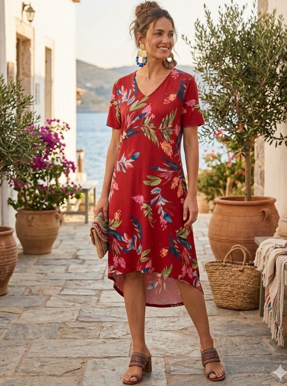 Christian Siriano New York Red Floral Tropical Hawaiian Island Print Beach Dress